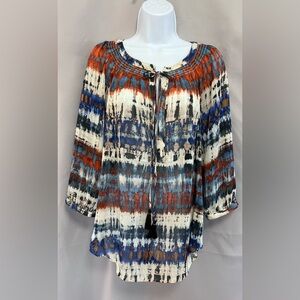 Daniel Rainn Large Blouse Multicolor Teal 3/4‎ Sleeve Button Scoop Neck Tunic